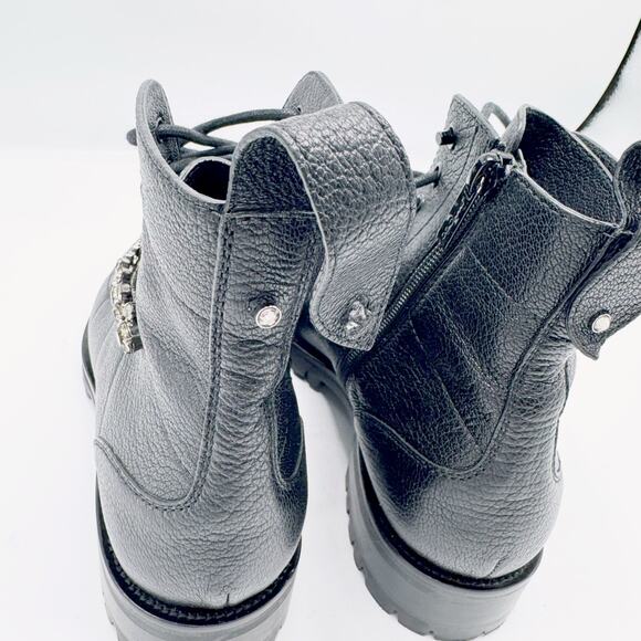 JIMMY CHOO Cruz Flat Black Grainy Leather Combat Boots with Crystal Detail - Picture 11 of 16